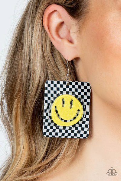 Paparazzi Cheeky Checkerboard - Yellow Earrings