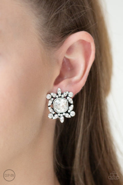 Paparazzi First-Rate Famous - White Clip-On Earrings